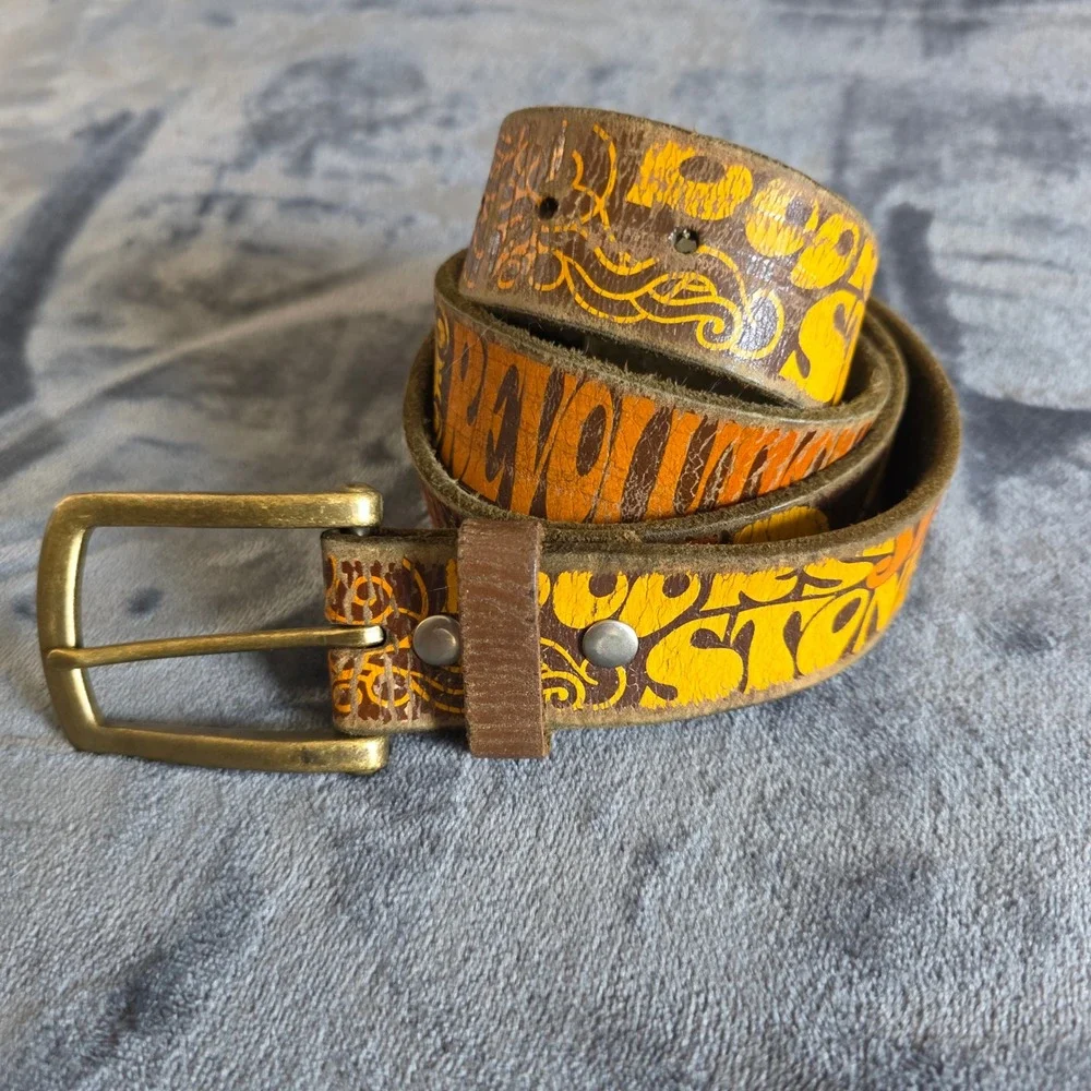 Leather Island Bill Lavin Psychedelic Rock Leather Belt Brown Orange Yellow 36